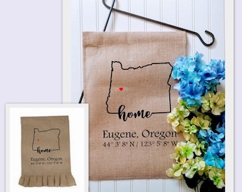 Oregon Coordinates Custom Garden Flag with latitude longitude, Personalized Yard decor flag, Housewarming gift, Hostess gift, Realtor gift