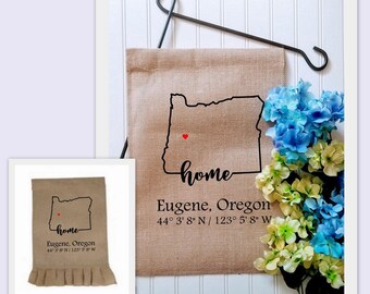 Custom Oregon Coordinates Garden Flag: Personalized Burlap Yard Decor