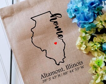 Illinois Coordinates Custom Garden Flag with latitude and longitude, Personalized Yard decor flag, Housewarming gift, Realtor client gift