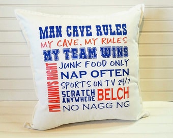 Man Cave 18" or 20" Custom Pillow Cover,  Sports Fan Pillow Cover, Choose Your Colors