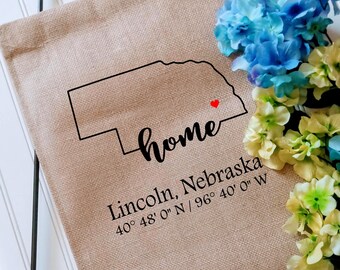Nebraska Coordinates Custom Garden Flag with latitude and longitude, Personalized Yard decor flag, Housewarming gift, Realtor client gift