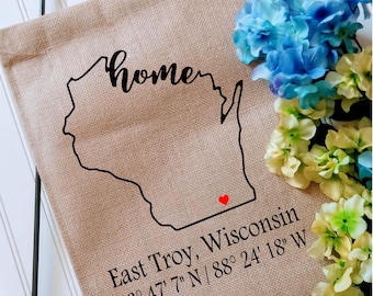 Wisconsin Coordinates Custom Garden Flag with latitude and longitude, Personalized Yard decor flag, Housewarming gift, Realtor client gift