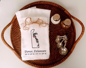 Delaware Home Custom Coordinates Kitchen Four Sack Towel, Choose Your City Coordinates, Housewarming gift, Hostess gift, Realtor client gift