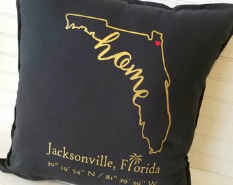Custom Florida Home Pillow Cover: Personalized City Coordinates