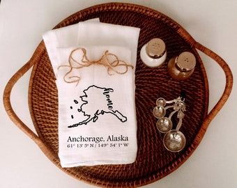 Alaska Home Custom Coordinates Kitchen Four Sack Towel, Housewarming gift, Hostess gift, Realtor gift, Choose Your City and Coordinates