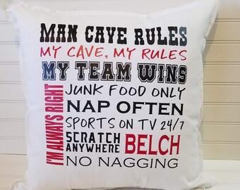 Man Cave 18" or 20" Custom Pillow Cover,  Sports Fan Pillow Cover, Choose Your Colors, Gift for boyfriend, Gift for Husband, Gift for Dad