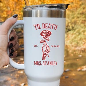 Til Death Rose Skeleton Bride Tumbler Custom Name Gothic Wedding Gift Spooky Fall Bachelorette Halloween Bridal Shower Cup 40oz Mug