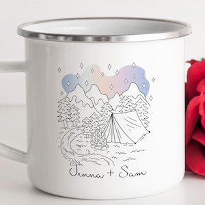 Custom Camping Enamel Mug for Couples Outdoorsy Gift Personalized Engagement Present for Hikers Wedding Anniversary Mug