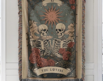 The Lovers Skeleton Tarot Blanket Gothic Throw Woven Tapestry Witchy Decor Halloween Blanket Gift for Her Dark Academia Cozy Fall Vibe