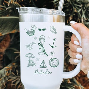 Custom Beach Icons 40oz Tumbler with Handle Summer Travel Mug Personalized Vacation Cup Gift for Lake House Cruise Tropical Getaways
