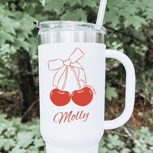 Cherry Personalized Tumbler with Handle 40oz Custom Name Gift for Her Cute Bow Design Bachelorette Bridesmaid Travel Cup