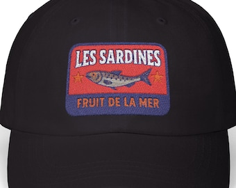 Les Sardines 缶詰魚帽子 刺繍入り お父さんキャップ 面白い漁師の彼への贈り物 夏用 缶詰シーフード 美しいフレンチビーチハット