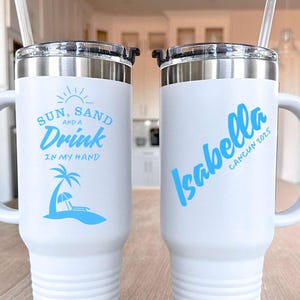 Sun Sand Beach Personalized 40oz Tumbler with Handle Custom Name Travel Mug Gift for Her Vacation Bachelorette Party Coastal Summer Cup