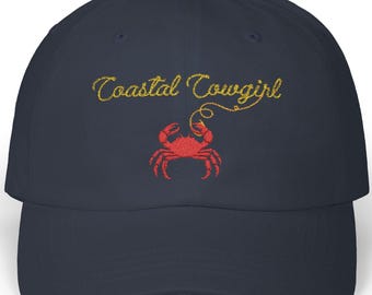 Coastal Cowgirl Embroidered Crab Hat - Beachy Western Summer Cap, Trendy Surf Style, Coastal Cowgirl Aesthetic, Hot Cowgirl Summer Accessory
