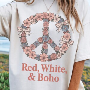 fourth of july Boho Peace Sign Tee for Free Spirited American Girls - Red White Floral Retro Patriotic Fourth of July Shirt