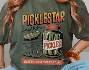 Picklestar Jarred Pickles Graphic Tee Funny Pickle Lover Shirt Retro Food Pun Cucumber Jar Gift for Foodies Farmers Market Vintage Style