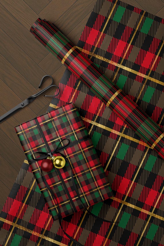 Luxury Red Green Plaid Wrapping Paper Roll Gold Tartan Christmas Gift Wrap Sheets Festive Holiday Packaging Pretty Retro Xmas Wrapping