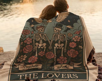 The Lovers Tarot Skeleton Blanket Personalized Gothic Tapestry Woven Throw Halloween Decor Unique Wedding Gift for Her or Couple