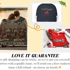 The image is a collage of three photos: a couple embracing, a black hat with a red crab design, and a red sweater with Christmas decorations. The text "LOVE IT GUARANTEE" is displayed, and the image is accompanied by a message that says, "We know gift shopping can be tricky, so we've got you covered! If your order arrives with a quality issue, we'll send you a free replacement or issue a full refund—no stress, no hassle."