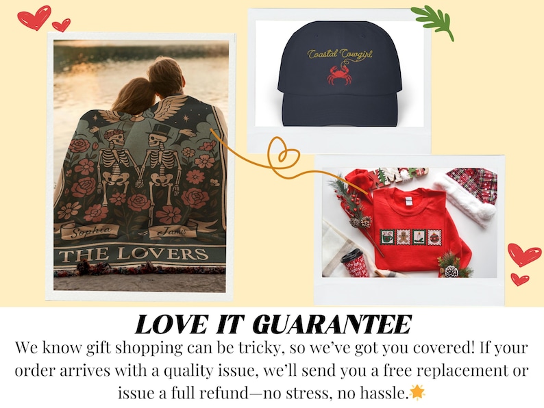 The image is a collage of three photos: a couple embracing, a black hat with a red crab design, and a red sweater with Christmas decorations. The text "LOVE IT GUARANTEE" is displayed, and the image is accompanied by a message that says, "We know gift shopping can be tricky, so we've got you covered! If your order arrives with a quality issue, we'll send you a free replacement or issue a full refund—no stress, no hassle."