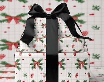 May include: Three stacked gift boxes wrapped in white paper with a festive pattern of green pine branches, red bows, and small gift illustrations. A large black satin bow adorns the top, creating a striking contrast.