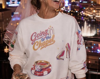 Sweatshirt voor een vrijgezellenfeest in Las Vegas, trui met de tekst "Going to the Chapel Lucky in Love" en ronde hals, trui voor een bruid in het casino tijdens het huwelijksweekend.