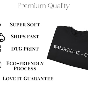 The image is a collage of various icons and text, including a black t-shirt, a truck, and a cloud, along with text highlighting the premium quality of the product.