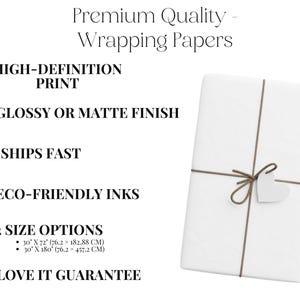 a collection of premium quality wrapping papers, highlighting their features such as high-definition print, glossy or matte finish, fast shipping, eco-friendly inks, and size options.