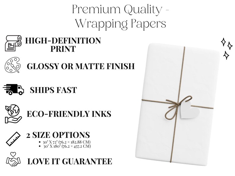 a collection of premium quality wrapping papers, highlighting their features such as high-definition print, glossy or matte finish, fast shipping, eco-friendly inks, and size options.