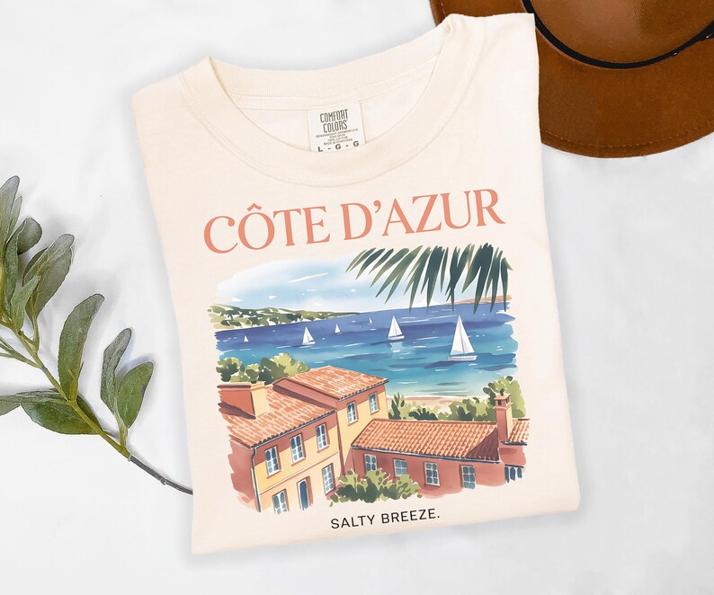 コート・ダジュールシャツ、フレンチ・リヴィエラTシャツ、プロヴァンス、南フランス、サマーシャツ、快適な色彩、古銭、美学、ヨーロッパのバケーション 画像 4