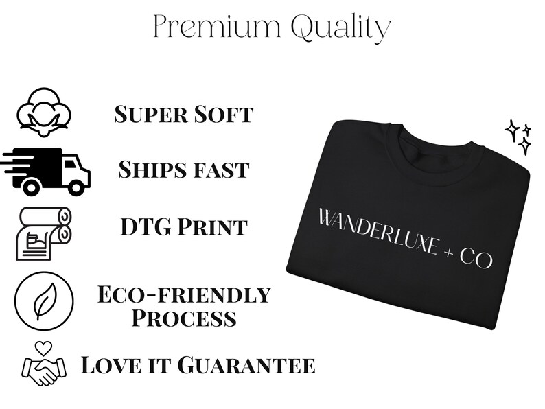 The image is a collage of various icons and text, including a black t-shirt, a truck, and a cloud, along with text highlighting the premium quality of the product.