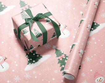 Pink Christmas Wrapping Paper Roll Cute Snowman and Tree Holiday Gift Wrap Festive Girly Xmas Wrap Elegant Winter Wrapping Sheets