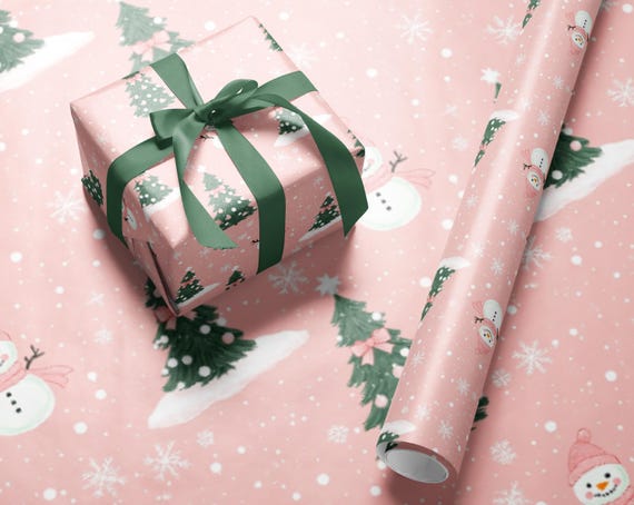 Pink Christmas Wrapping Paper Roll Cute Snowman and Tree Holiday Gift Wrap Festive Girly Xmas Wrap Elegant Winter Wrapping Sheets