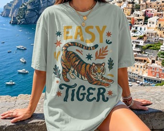 Camiseta de tigre fácil, camiseta vintage de tigre, sudadera con gráficos divertidos, colores cómodos de tendencia, humor para adultos, regalo sarcástico para amantes de los animales