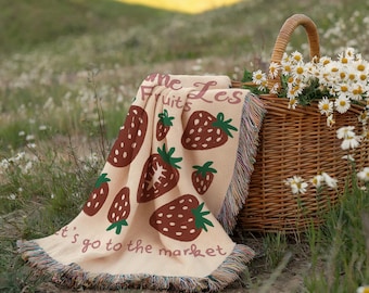 Strawberry Fruit Throw Blanket French Market Aesthetic Woven Blanket Airbnb Kitchen Picnic Decor Gift for Her Cozy Dorm Room Accent