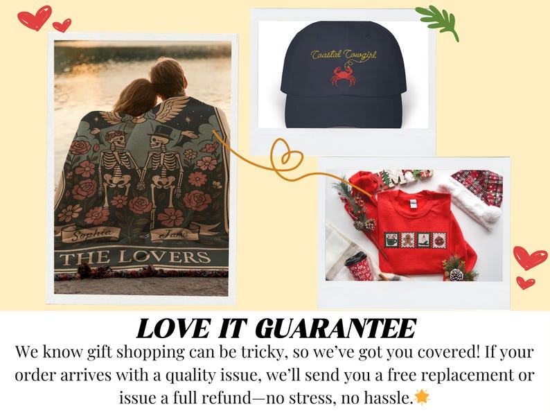 The image is a collage of three photos: a couple embracing, a black hat with a red crab design, and a red sweater with Christmas decorations. The text "LOVE IT GUARANTEE" is displayed, and the image is accompanied by a message that says, "We know gift shopping can be tricky, so we've got you covered! If your order arrives with a quality issue, we'll send you a free replacement or issue a full refund—no stress, no hassle."