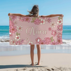 Personalized Floral Beach Towel Custom Name Summer Gift for Her, Bridesmaid, Vacation, Pool, and Tropical Getaway Essentials custom towel