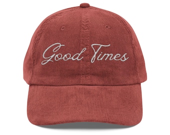Good Times Navy Corduroy Hat Embroidered Adjustable Vintage Dad Cap Retro Soft Cap for Nature Lovers Gift for Her Him Casual Outdoorsy Style