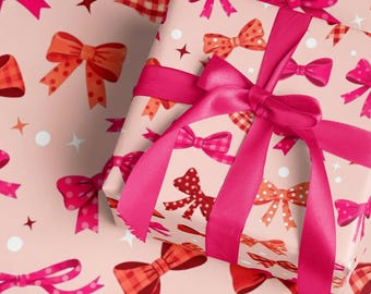 Pink Bow Wrapping Paper Roll Cute Retro Christmas Gift Wrap Festive Holiday Packaging Unique Xmas Decoration Gift Wrap Paper