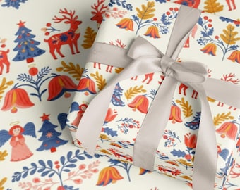 Scandi Christmas Wrapping Paper Roll Swedish Dala Horse Reindeer Nordic Holiday Gift Wrap God Jul Scandinavian Xmas Present Packaging