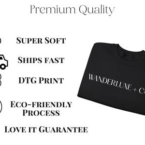 The image is a collage of various icons and text, including a black t-shirt, a truck, and a cloud, along with text highlighting the premium quality of the product.