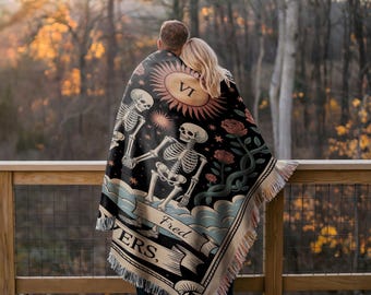 The Lovers Tarot Skeleton Blanket Custom Woven Throw Gothic Tapestry Halloween Blanket Gift for Her Witchy Decor Dark Academia Vibe