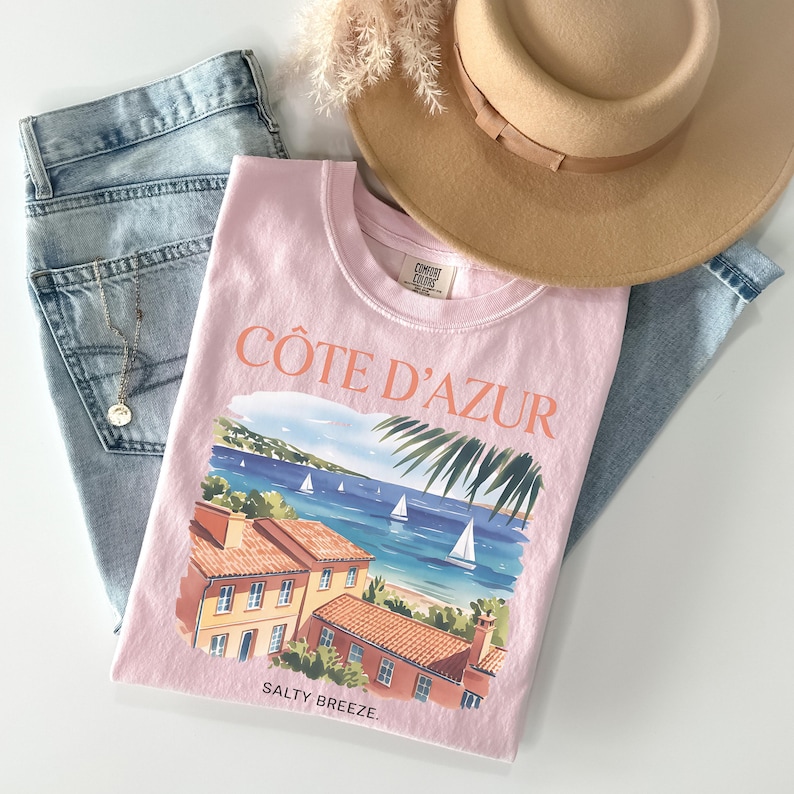 コート・ダジュールシャツ、フレンチ・リヴィエラTシャツ、プロヴァンス、南フランス、サマーシャツ、快適な色彩、古銭、美学、ヨーロッパのバケーション 画像 2