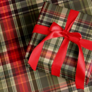A gift box wrapped in a plaid pattern with a red ribbon tied around it.