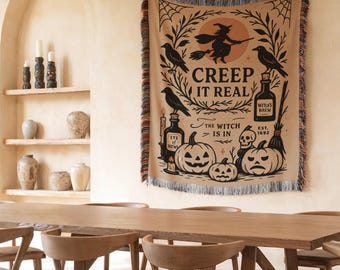 Creep It Real Halloween Blanket Witchy Throw Blanket Fall Decor Spooky Pumpkin Skull Gothic Cozy Gift for Her Autumn Home Vibe