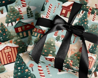 May include: A wrapped gift with a festive Christmas-themed pattern featuring houses, trees, and candy canes. The gift is tied with a black satin ribbon and bow, creating a visually appealing presentation. The wrapping paper has a light blue background.