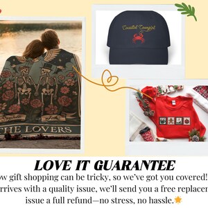 The image is a collage of three photos: a couple embracing, a black hat with a red crab design, and a red sweater with Christmas decorations. The text "LOVE IT GUARANTEE" is displayed, and the image is accompanied by a message that says, "We know gift shopping can be tricky, so we've got you covered! If your order arrives with a quality issue, we'll send you a free replacement or issue a full refund—no stress, no hassle."