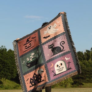 Spooky Halloween Blanket Woven Throw Blanket with Ghost Cat Pumpkin Trick or Treat Fall Decor Cozy Gothic Cottagecore Autumn Home Gift