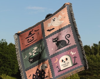 Spooky Halloween Blanket Woven Throw Blanket with Ghost Cat Pumpkin Trick or Treat Fall Decor Cozy Gothic Cottagecore Autumn Home Gift