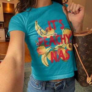 Cute Blue It's Peachy T Shirt, Funny Graphic Tee, Women's Casual Summer Top, Fruit Print Shirt, Trendy Short Sleeve Tee, Gift for Her
